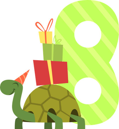 Número de aniversário com tartaruga e caixa de presente  Ilustração