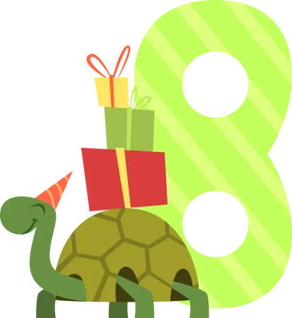 Número de aniversário com tartaruga e caixa de presente  Ilustração