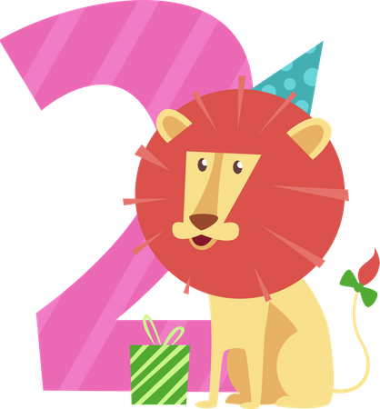 Número de cumpleaños con león y caja de regalo  Ilustración