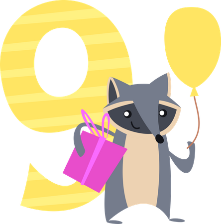Número de cumpleaños con mapache y caja de regalo  Ilustración