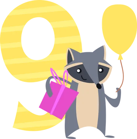 Número de cumpleaños con mapache y caja de regalo  Ilustración