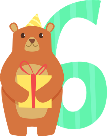 Número de cumpleaños con oso sosteniendo caja de regalo  Ilustración