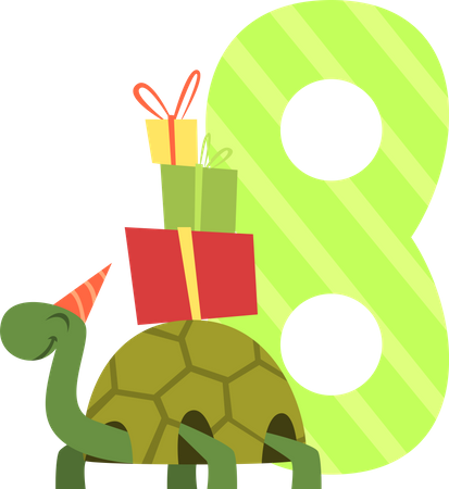 Número de cumpleaños con tortuga y caja de regalo  Ilustración