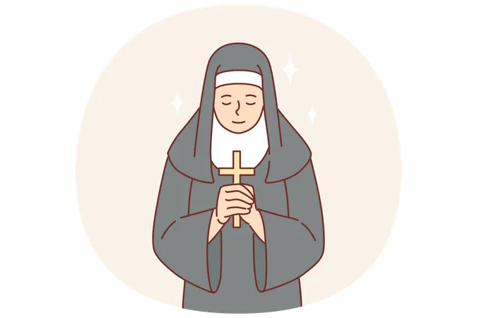 Nun praying holding catholic cross in hands and bowing to god  Illustration