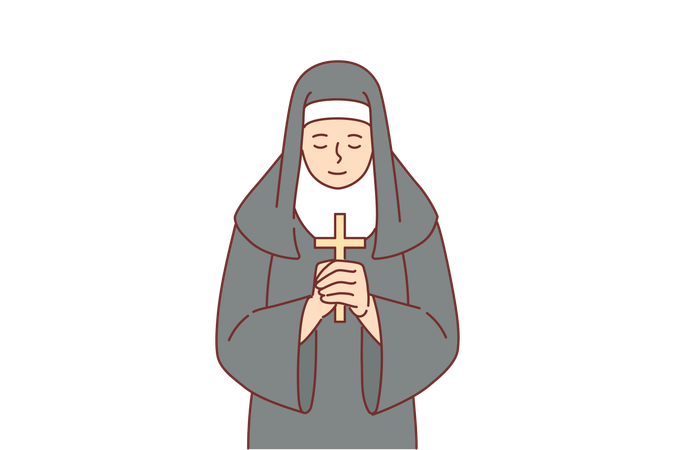 Nun praying while holding catholic cross in hands  Illustration