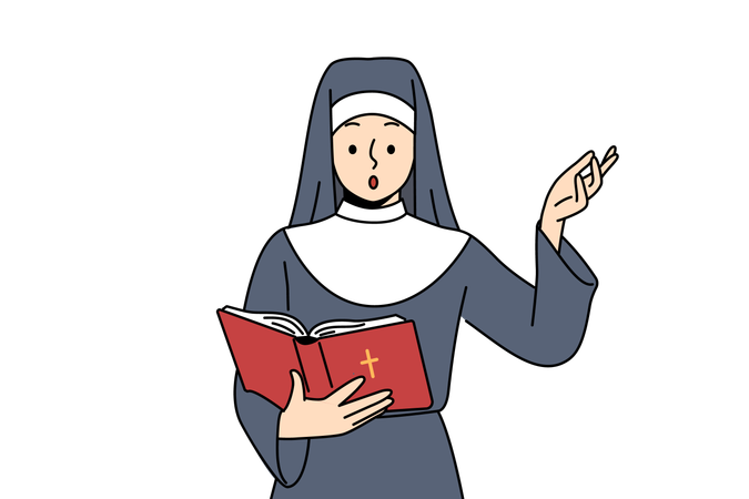 Nun reads bible and raises hand in surprise after learning history of emergence of christianity  Illustration