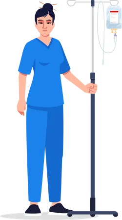 Nurse Semi Flat RGB Color Vector Illustration Female Medical Worker Hospital Personnel Young Asian Doctor With Intravenous Pole Isolated Cartoon Character On White Background Illustration
