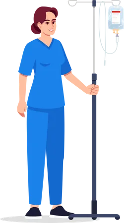 Nurse Semi Flat RGB Color Vector Illustration Hospital Personnel With Equipment Female Medical Worker Young European Doctor With Intravenous Pole Isolated Cartoon Character On White Background Illustration