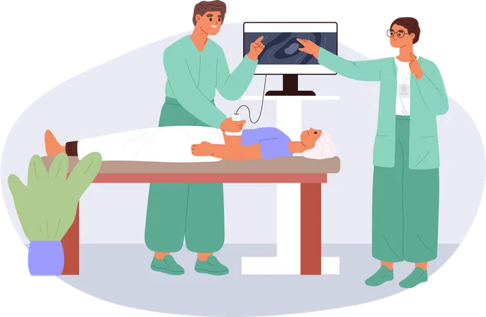 Nurse and doctor make ultrasound scan to woman patient Illustration