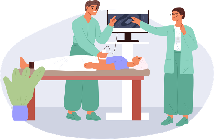 Nurse and doctor make ultrasound scan to woman patient  Illustration