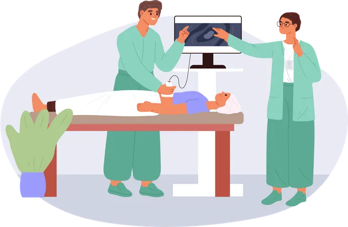 Nurse and doctor make ultrasound scan to woman patient  Illustration