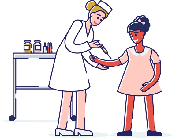 Nurse applying vaccine to girl Illustration
