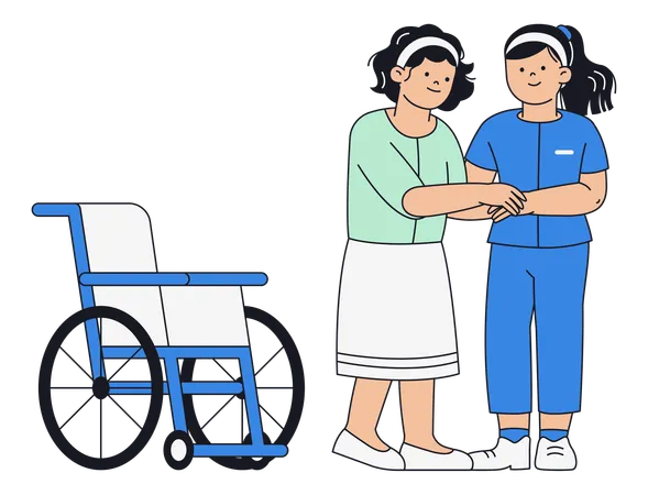 Nurse Assisting Patient Next to Wheelchair  Illustration