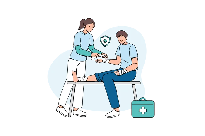 Nurse Bandages An Injured Patient  Illustration