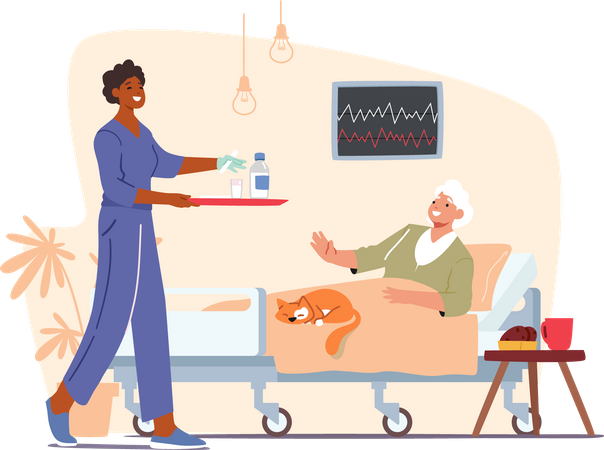 Nurse Bringing Medicine Pills to Old Woman Lying in Hospital Bed Illustration