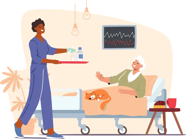 Senior Patient Female Character Lying In Clinic Ward For Treatment Health Care Medical Staff Nurse Bringing Medicine Pills To Old Woman Lying In Hospital Bed Cartoon People Vector Illustration Illustration