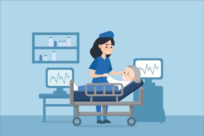 Nurse caring old aged woman after or before medical treatment  Illustration