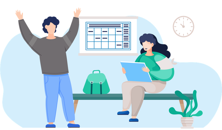 Nurse character sitting on the bench and communicating with male patient in clinic  Illustration
