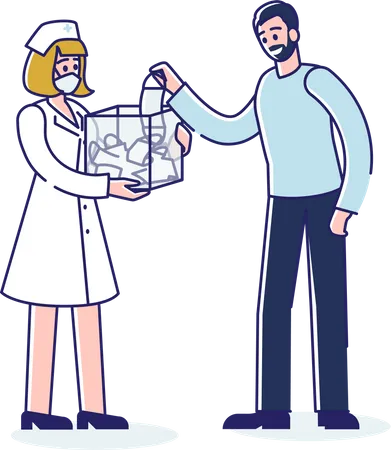 Nurse Giving Medical Mask To Man During Covid 19 Pandemic And Quarantine Covid Prevention And Coronavirus Safety Measures Concept Linear Vector Illustration Illustration