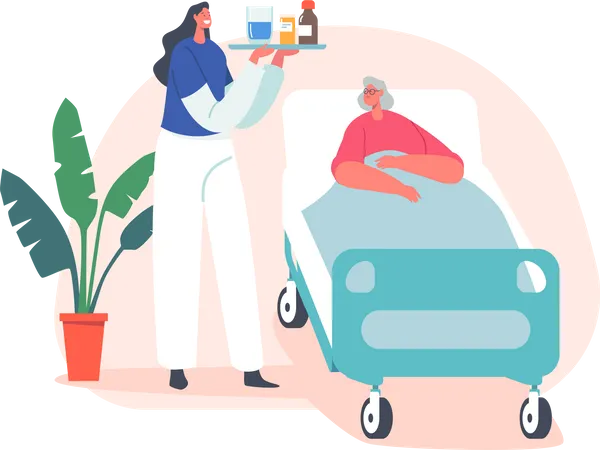 Health Care Medical Staff Nurse Bringing Medicine Pills To Old Woman Lying In Hospital Bed Senior Patient Female Character Lying In Clinic Ward For Treatment Cartoon People Vector Illustration Illustration