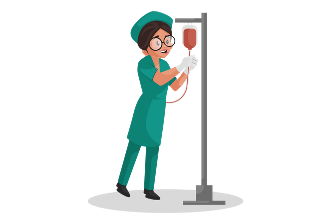 Nurse hanging blood bottle on a stand Illustration