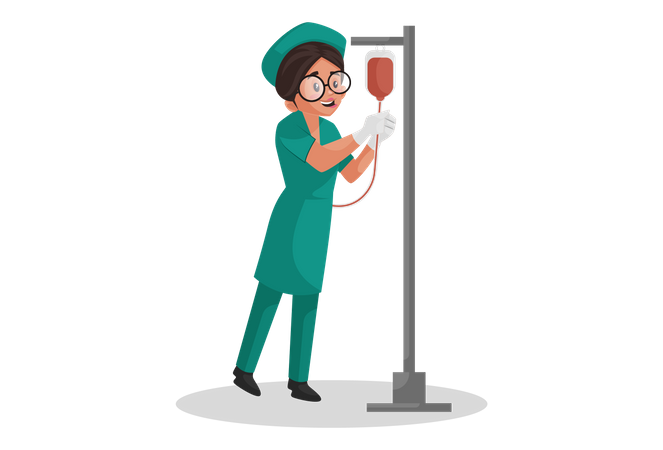 Nurse hanging blood bottle on a stand  Illustration