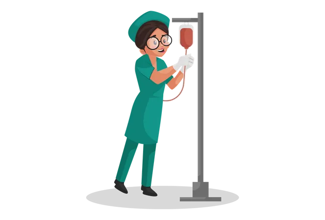 Nurse hanging blood bottle on a stand  Illustration