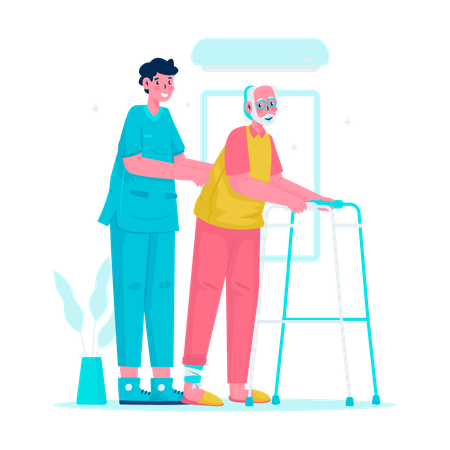 Nurse Help elderly patient with walking therapy  Illustration