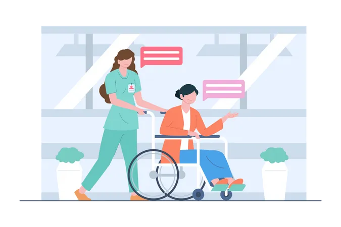 Nurse helping disabled woman using wheelchair Illustration