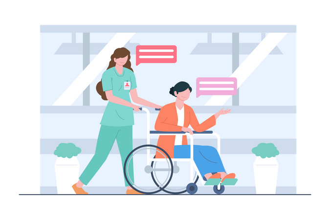 Nurse helping disabled woman using wheelchair  Illustration