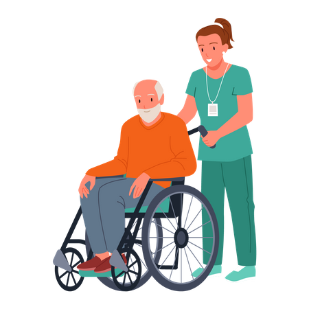 Nurse helping handicapped aged man  Illustration