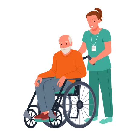 Nurse helping handicapped aged man  Illustration