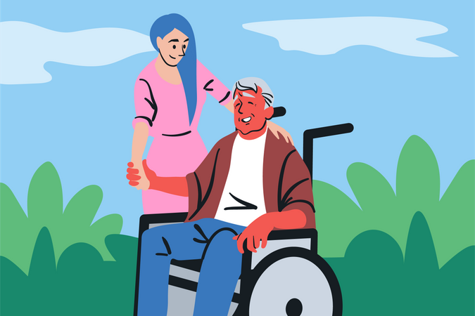 Nurse helping handicapped man  Illustration