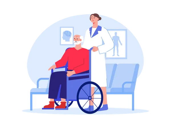 Nurse helping handicapped man  Illustration