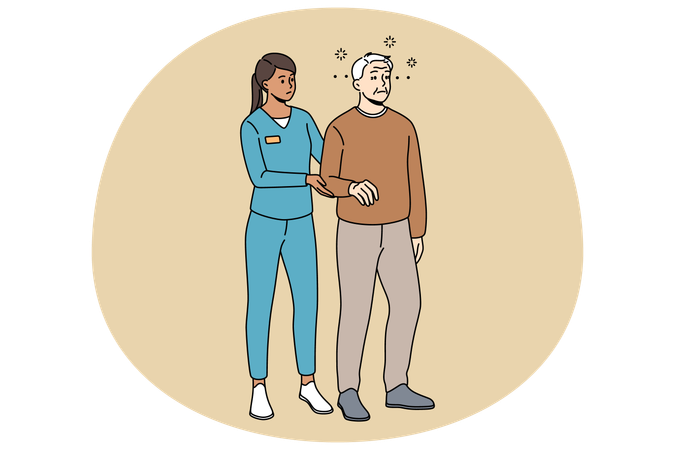 Nurse helping mature patient with walking  Illustration