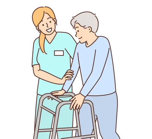 Nurse helping old aged disabled man  Illustration