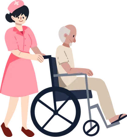 Nurse helping old aged man in wheelchair Illustration