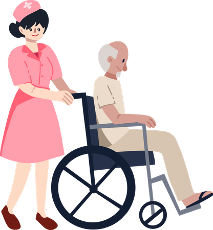 Nurse helping old aged man in wheelchair  Illustration