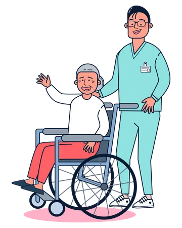 Nurse helping old disabled man  Illustration
