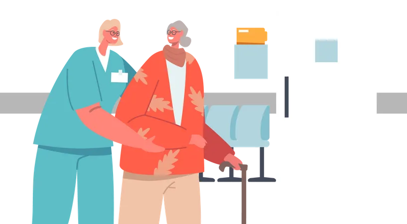 Nurse helping old woman in walking Illustration