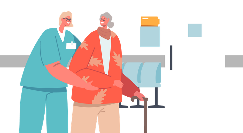 Nurse helping old woman in walking  Illustration