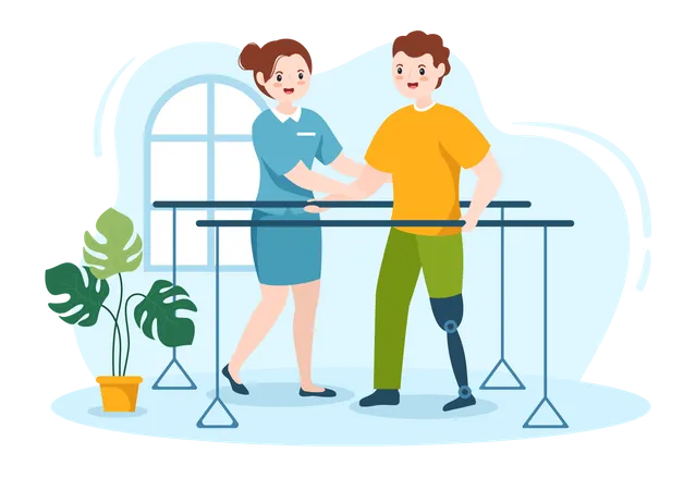 Nurse helping patient for walking with artificial leg  Illustration