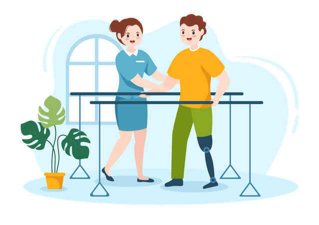 Nurse helping patient for walking with artificial leg  Illustration