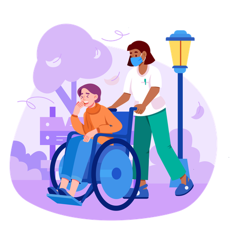Nurse helping patient on wheelchair  Illustration