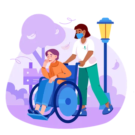 An Illustration Of Nurse Helping Patient On Wheelchair Illustration