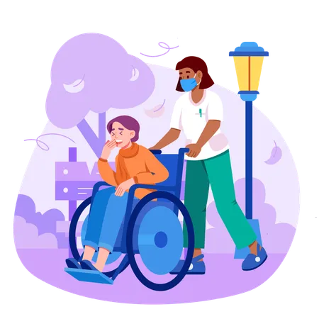 Nurse helping patient on wheelchair  Illustration