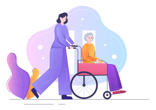 Nurse helping patient sitting in wheelchair  Illustration