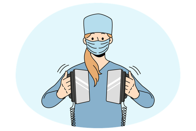 Nurse hold defibrillator resuscitating in hospital  Illustration