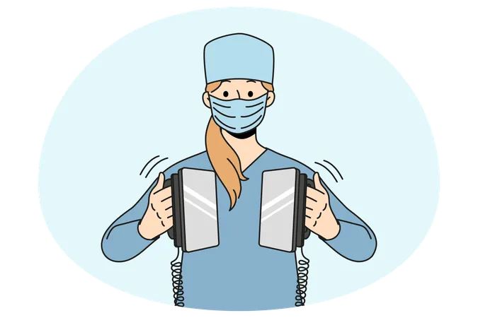 Nurse hold defibrillator resuscitating in hospital  Illustration