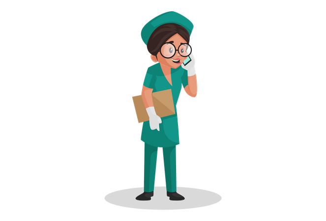 Nurse holding file in one hand and talking on mobile phone with other hand Illustration